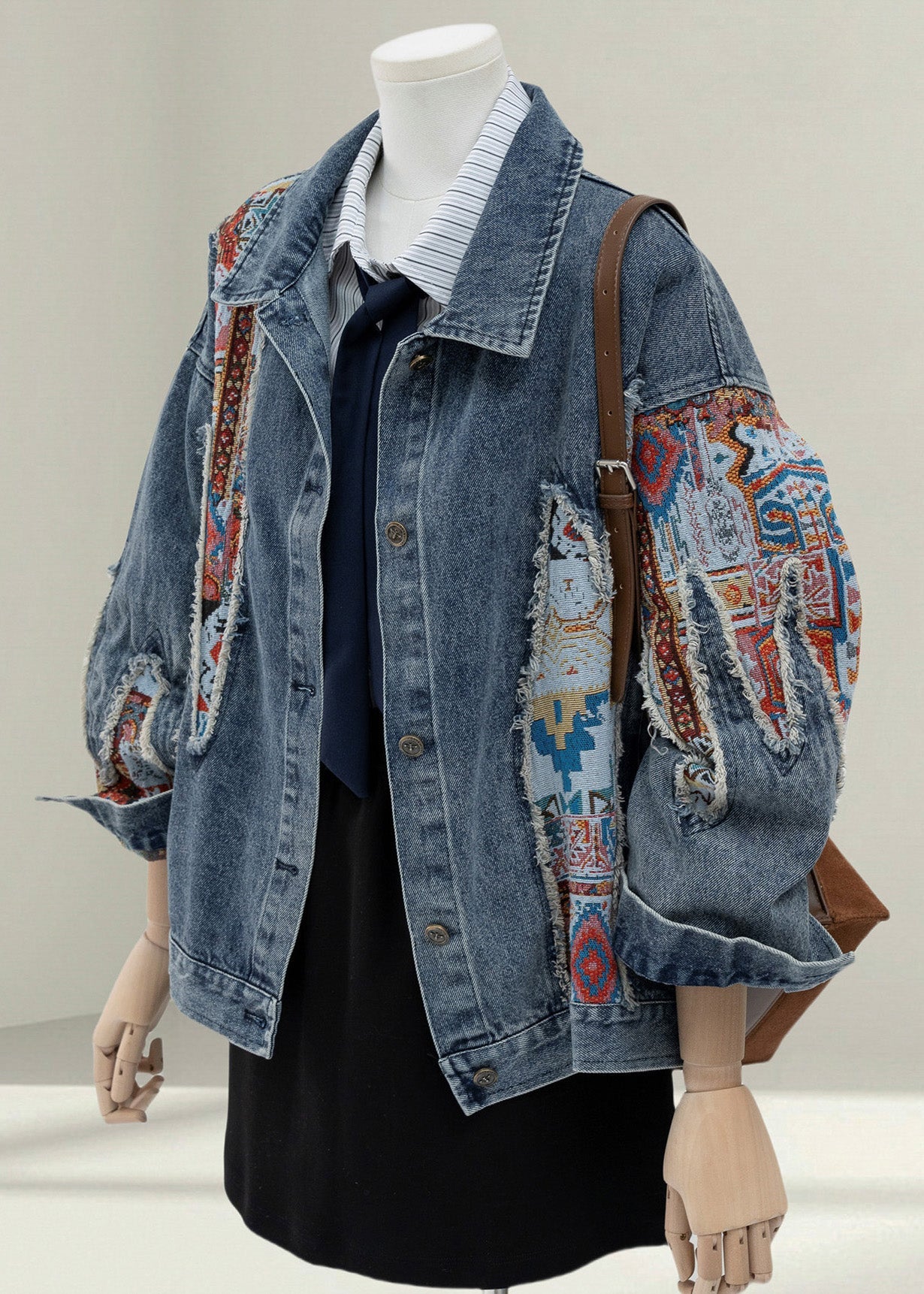 Women Blue Peter Pan Collar Jacquard Patchwork Denim Coat Fall