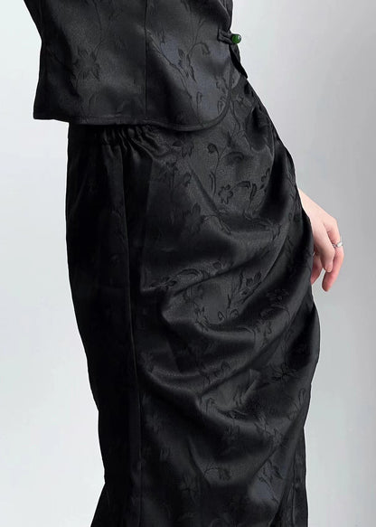 Original Design Chinese Style Black Jacquard Top And Skirt Set Summer