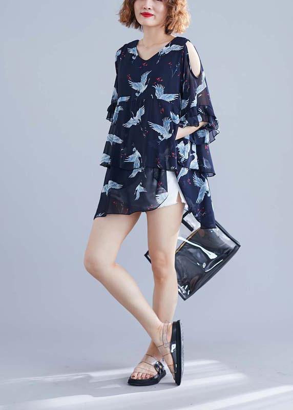 Chic navy print chiffon dresses Vintage Outfits v neck Ruffles Summer Dresses
