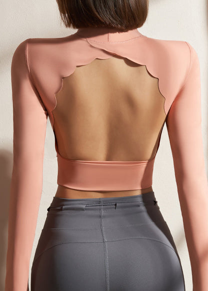 Pink Patchwork Solid Loose Fitting Workout Tops