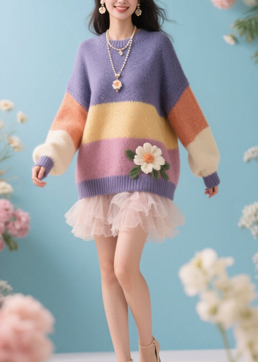 Boutique Colorblock O Neck Floral Knit Sweaters Fall