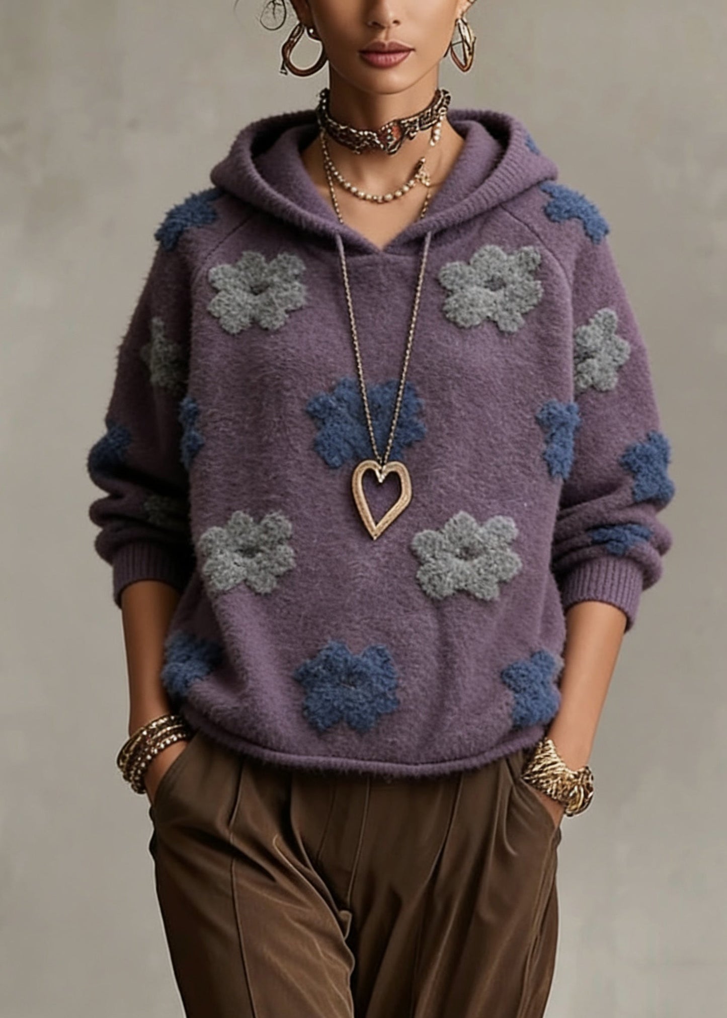 Plus Size Purple Floral Hooded Cotton Knit Sweaters Spring