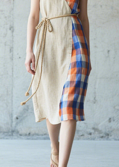 Casual Beige Asymmetrical Patchwork Linen Cami Dresses Summer