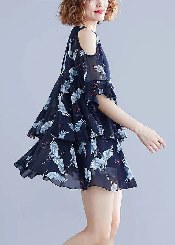 Chic navy print chiffon dresses Vintage Outfits v neck Ruffles Summer Dresses