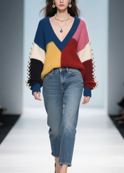 Plus Size Colorblock Nail Bead Patchwork Knit Pullover Fall
