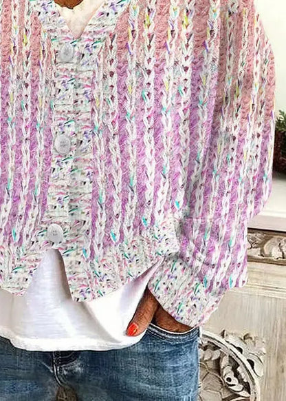 Women Pink V Neck Striped Cozy Knit Cardigan Spring