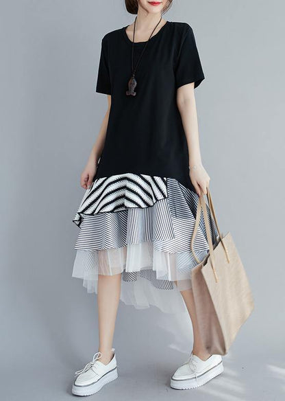 Loose black dress for women o neck asymmetric Dress