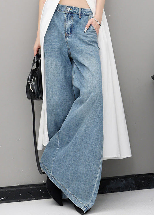 Simple Blue Pockets High Waist Denim Wide Leg Pants Fall