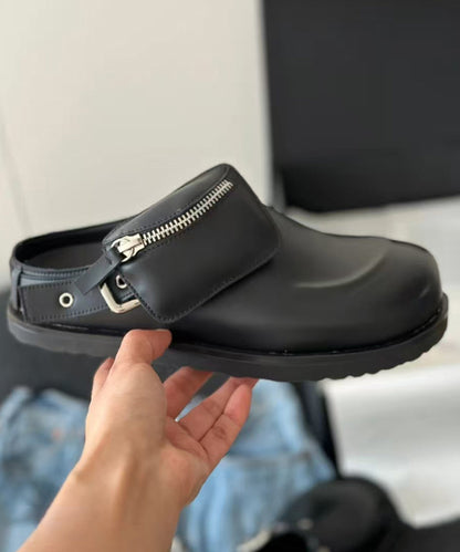 Fashion Splicing Platform Black Cowhide Leather Slide Sandals
