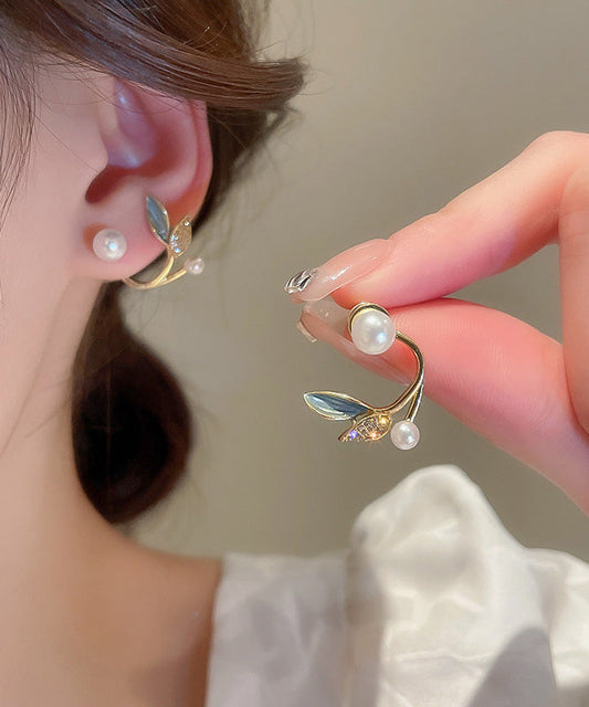 Beautiful Gold Copper Overgild Zircon Pearl Leaf Hoop Earrings