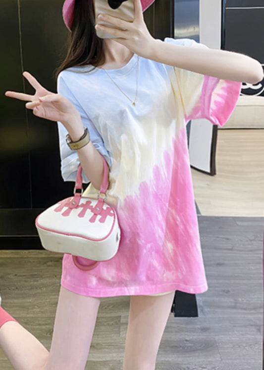 Chic Gradient Color O Neck Tie Dye Cotton T Shirts Summer