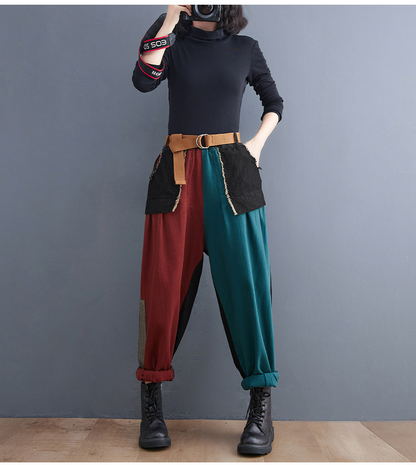 New Literary Plus Size Stitching Denim Harem Pants