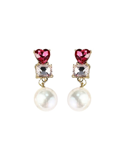 Cute Red Sterling Silver Alloy Love Crystal Zircon PearlDrop Earrings