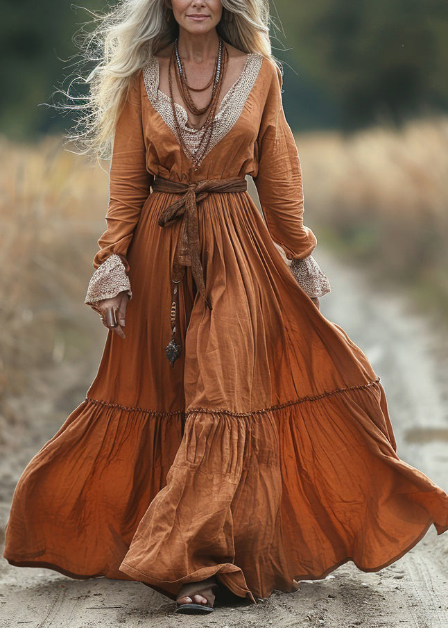 Vintage Pastoral Style V-neck Lace Patchwork Long Dress Spring