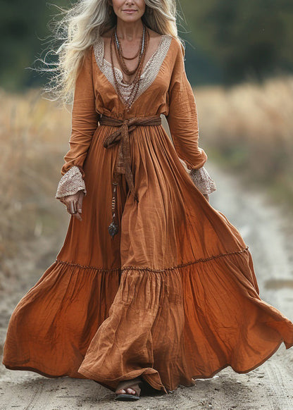 Vintage Pastoral Style V-neck Lace Patchwork Long Dress Spring