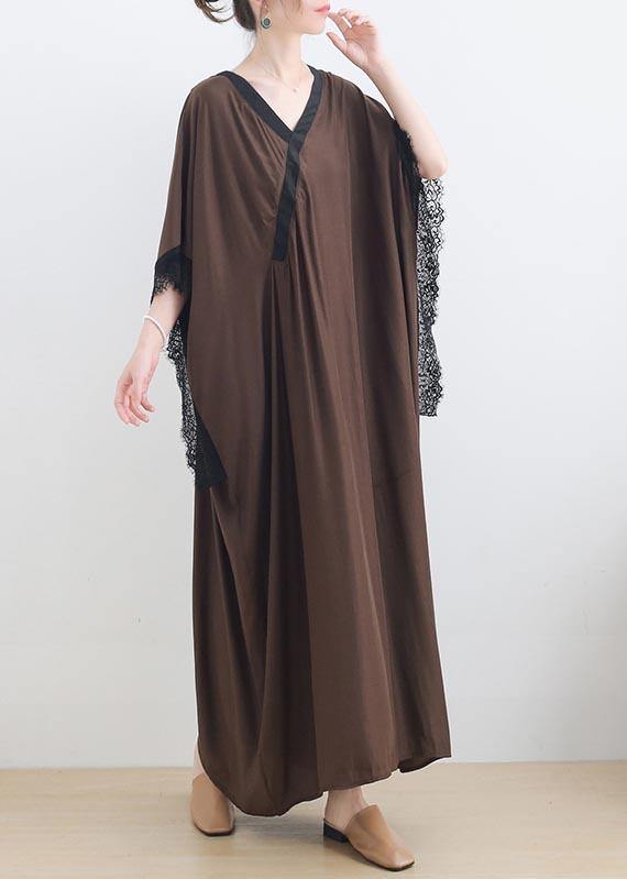 Elegant Chocolate Lace Trim Caftan Maxi Summer Chiffon Dress Gown
