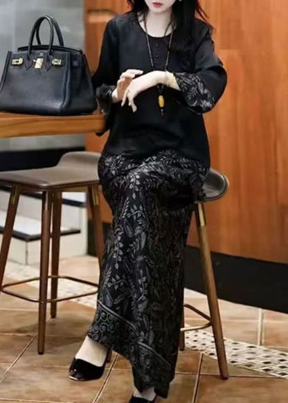 French Black O Neck Print Patchwork Silk Two-Piece Set Fall