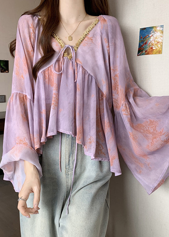 Italian Purple V Neck Lace Up Patchwork Chiffon Tops Fall