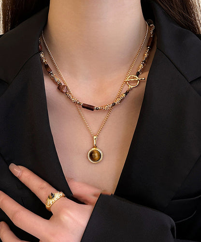 Modern Gold Copper Alloy Tiger's Eye Stone Pendant Necklace Two-Piece Set