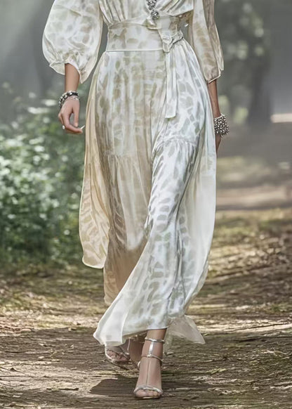 Fashion White V Neck Draping Silk Holiday Dress Lantern Sleeve