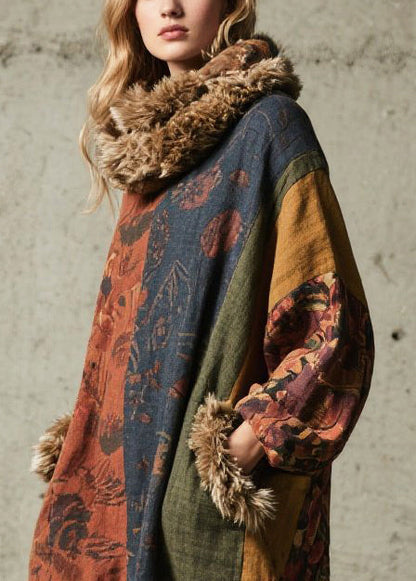Vintage Print Patchwork Faux Fur Maxi Dresses Fall