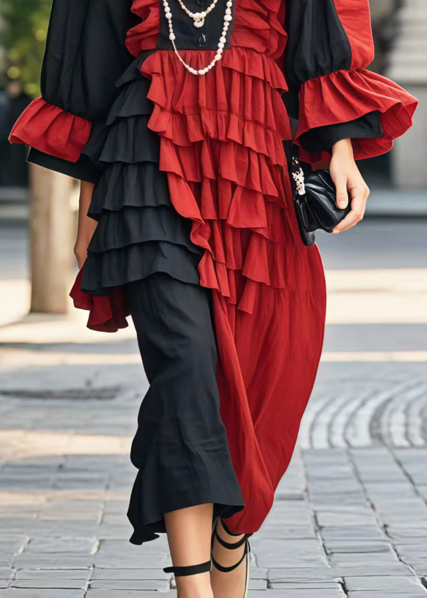 Plus Size Colorblock Asymmetrical Patchwork Ruffles Party Dress Flare Sleeve