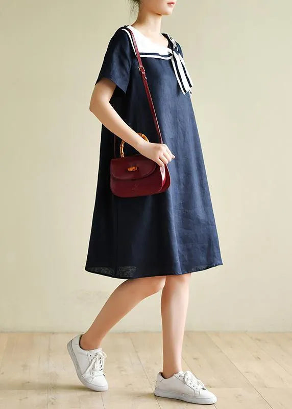 Casual navy style collar short sleeve mid-length dress