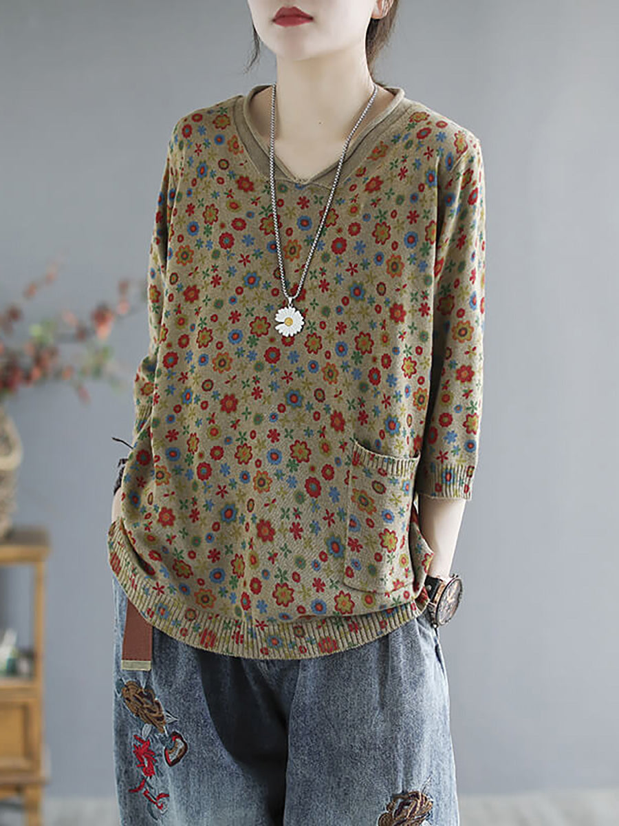 Plus Size - Floral  Knitted Casual Print Pocket Sweater
