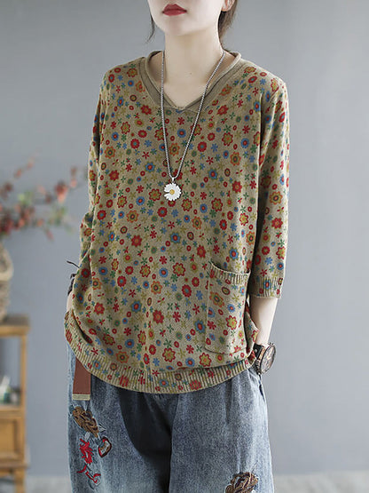 Plus Size - Floral  Knitted Casual Print Pocket Sweater