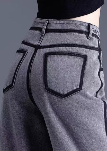 Vintage Grey Pockets High Waist Warm Fleece Pants Spring