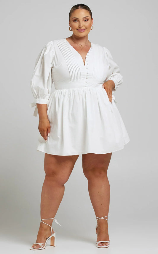 Zandra Mini Dress - Puff Sleeve Poplin Dress In White