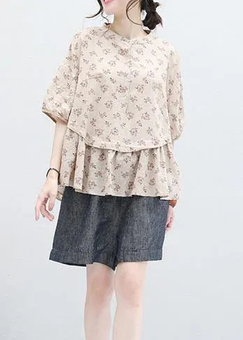 Women stand collar nude prints linen top silhouette design half sleeve blouses summer