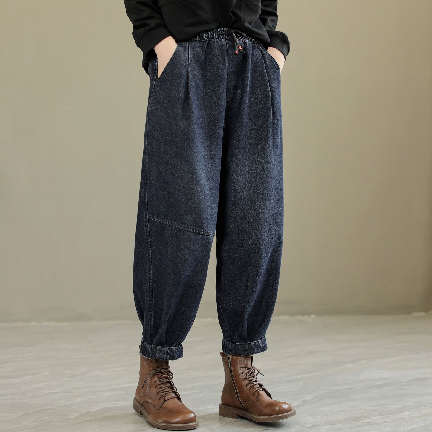 Women Autumn Loose Patchwork Cotton Jeans