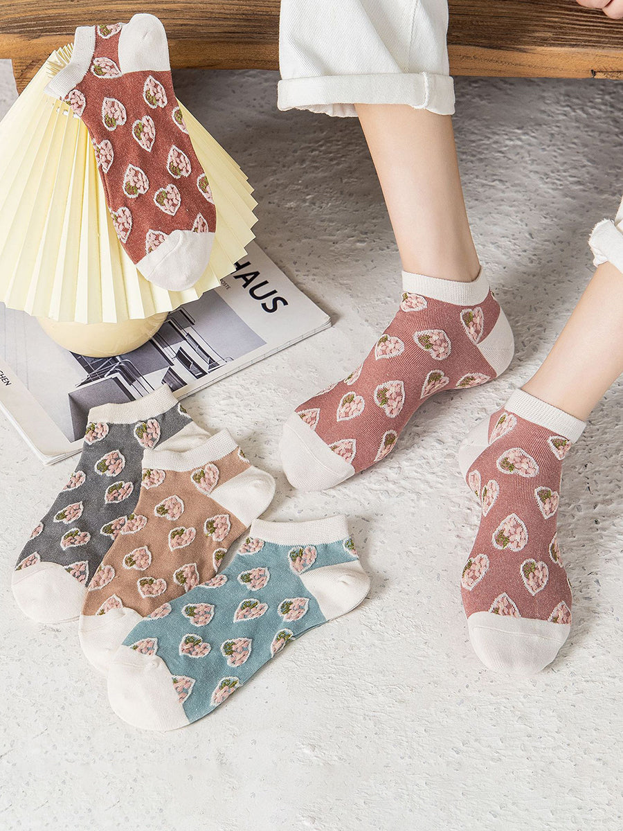 5 Pairs Women Pure Cotton Floral Vintage Boat Socks