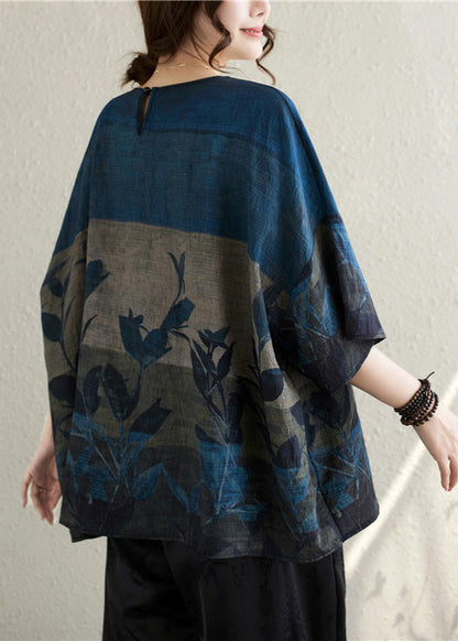 Vintage Navy Oversized Print Linen Tanks Summer