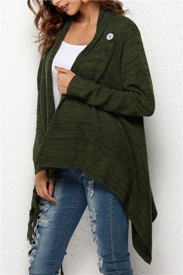 Tassel Asymmetrical Hem Shawl Speckled Fringe Cardigan - Green