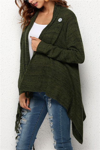 Tassel Asymmetrical Hem Shawl Speckled Fringe Cardigan - Green