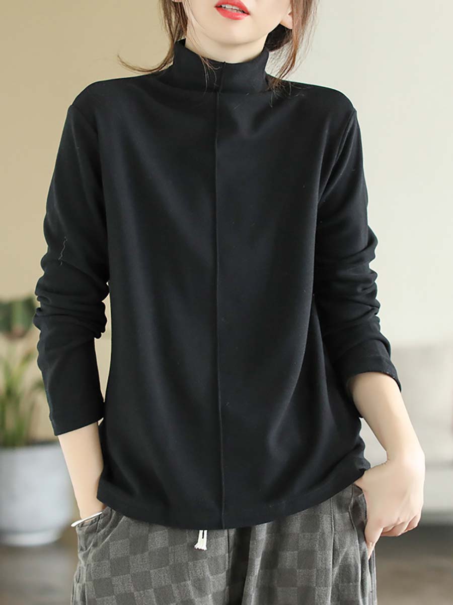 Women Autumn Artsy Solid Warm Turtleneck T-shirt