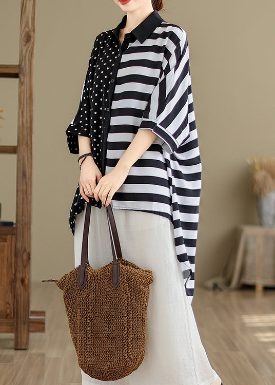Plus Size Colorblock Peter Pan Collar Low High Design Cotton Shirt Tops Summer