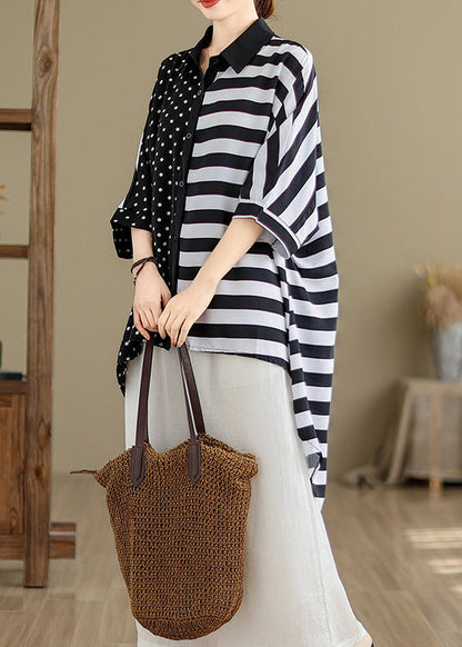 Plus Size Colorblock Peter Pan Collar Low High Design Cotton Shirt Tops Summer