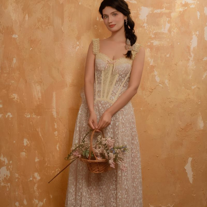 French Coquette Lace Corset Long Dress | Girly Elegant Slip Mini Dress