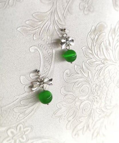 Women Green Copper Alloy Cat's Eye Stone Bow Drop Earrings
