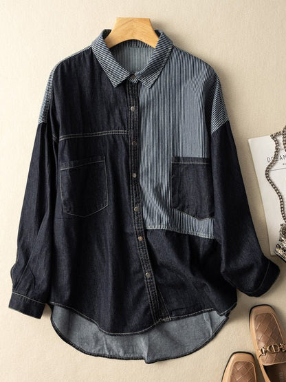 Classic Color-Block Long Sleeve Loose All-Match Shirt