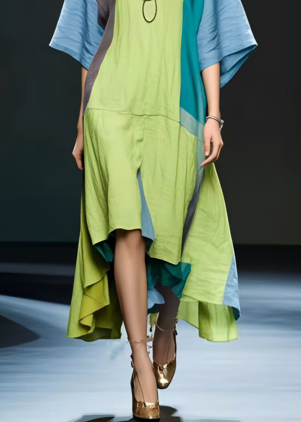 Chic Grass Green Oversized Patchwork Cotton Maxi Dress Summer
