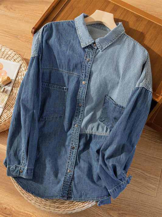 Classic Color-Block Long Sleeve Loose All-Match Shirt