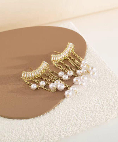 Fashion Gold Copper Overgild Pearl Tassel Drop Earrings