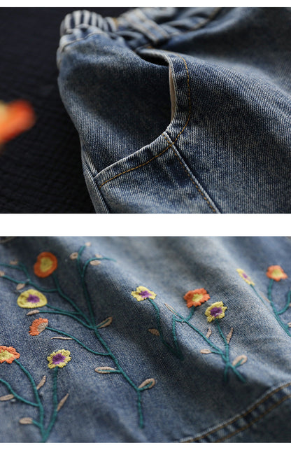 Vintage Denim Shredded Embroidered A-Line Skirt