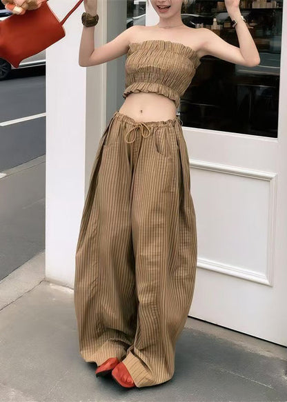 Sexy Khaki Plaid Cold Shoulder Cotton Two Pieces Set Summer