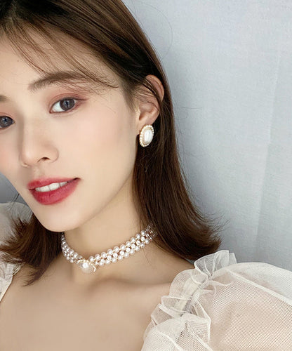 Women White Sterling Silver Overgild Zircon Pearl Stud Earrings