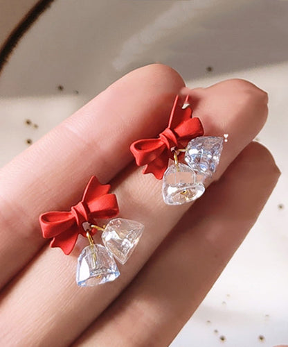 Cute Red Sterling Silver Crystal Bow Bell Drop Earrings